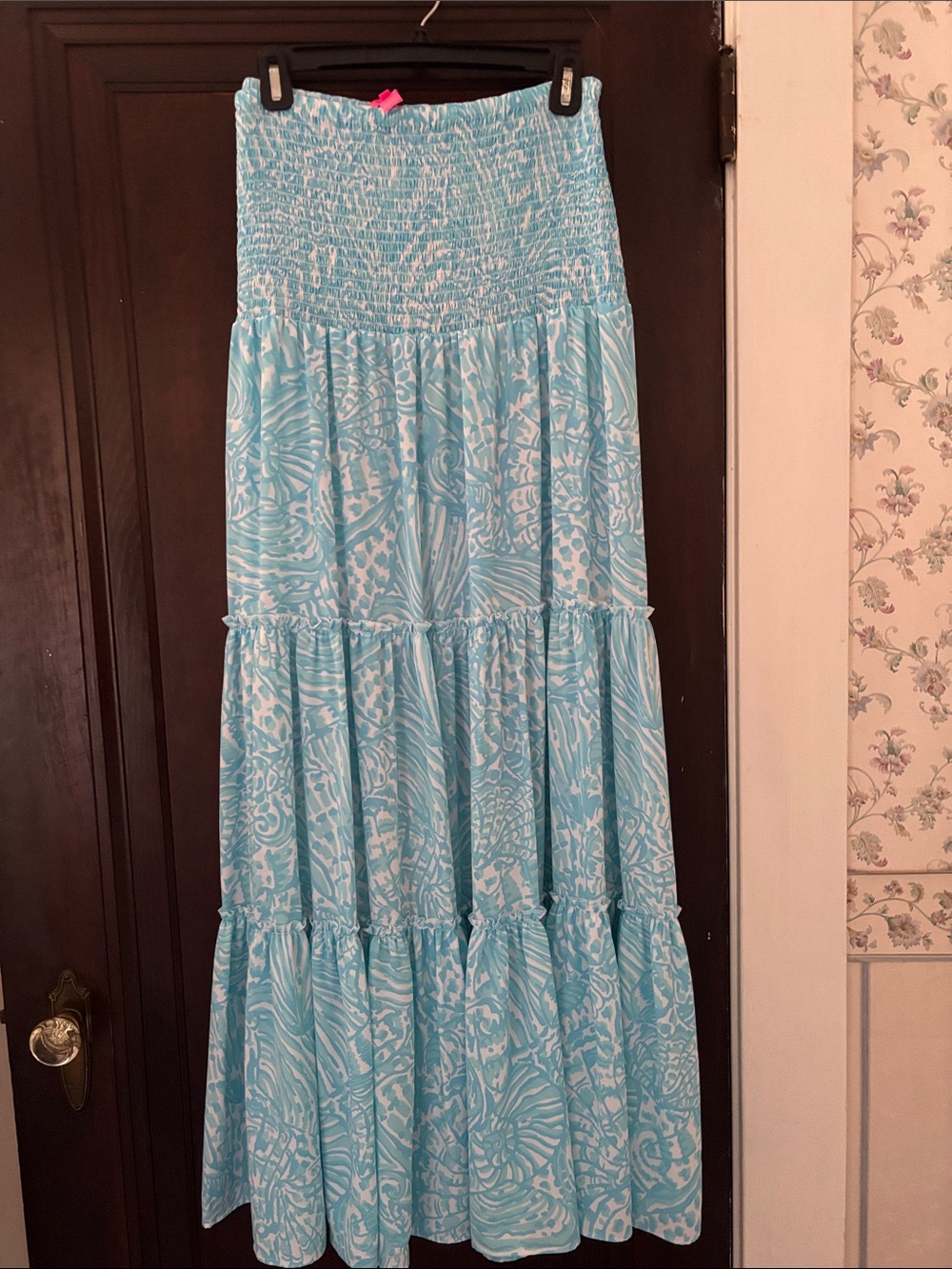 Lilly Pulitzer Strapless Light Blue Printed Tiered Maxi Dress